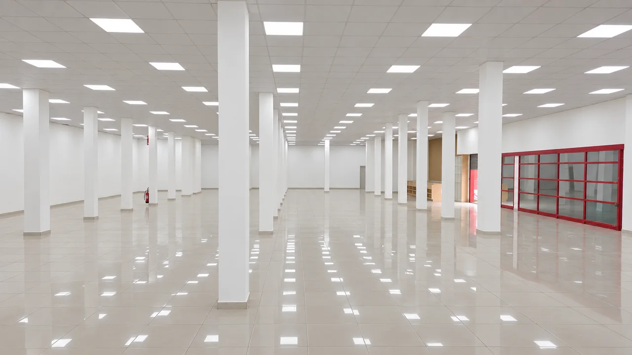 Vista general de la sala de ventas con pilares e iluminación